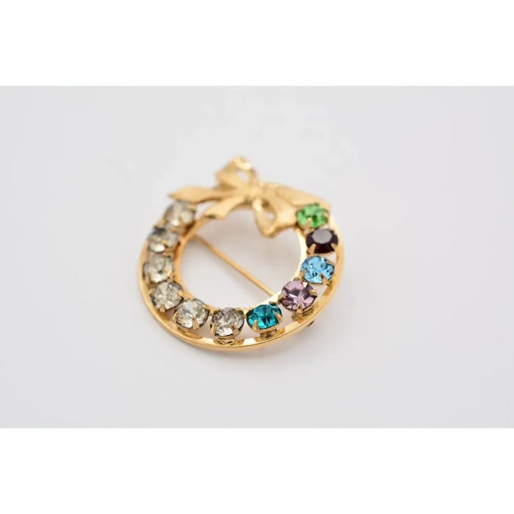 Vintage Crystal Wreath Pin Brooch Bow Rhinestone Crystal Prong Gold Signed BinAT